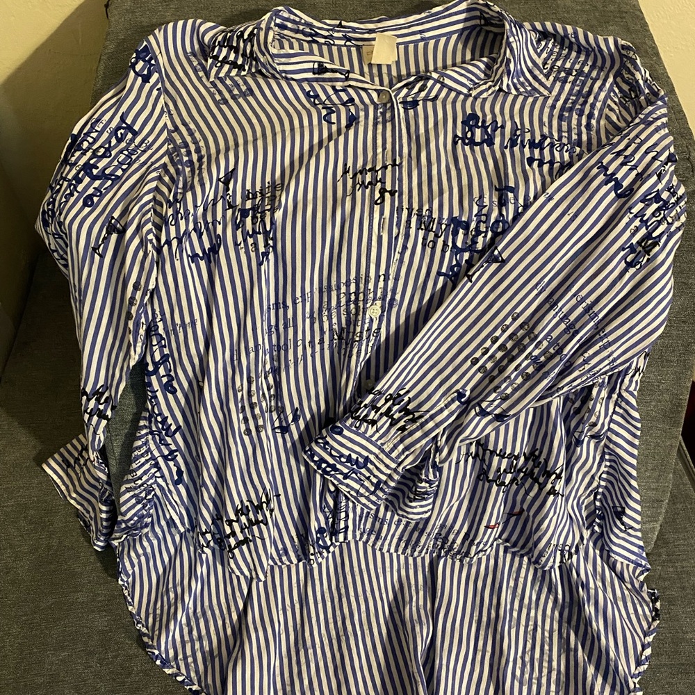 Chico’s Blue & White Striped High Low Blouse